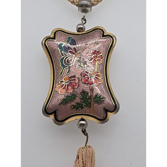 Vintage Gold Tone Butterfly Cloisonné Pendant Rope 28" Necklace Tassel Fringe - Picture 2 of 6